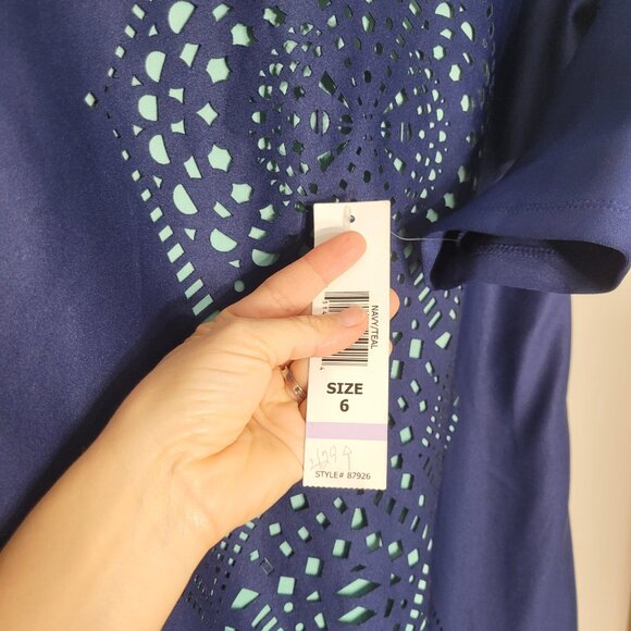 Tiana B. NEW Navy Blue Turquoise Round Neck Cut Out 3/4 Sleeve Dress Sz 6 NWT - Picture 3 of 12